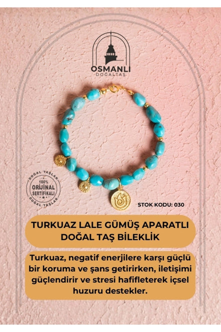 Sertifikalı Firuze(Turkuaz) Lale Gümüş Aparatlı Doğal Taş Bileklik (SK:030)