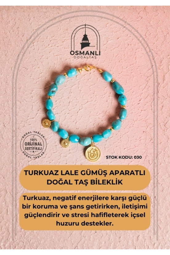 Sertifikalı Firuze(Turkuaz) Lale Gümüş Aparatlı Doğal Taş Bileklik (SK:030)