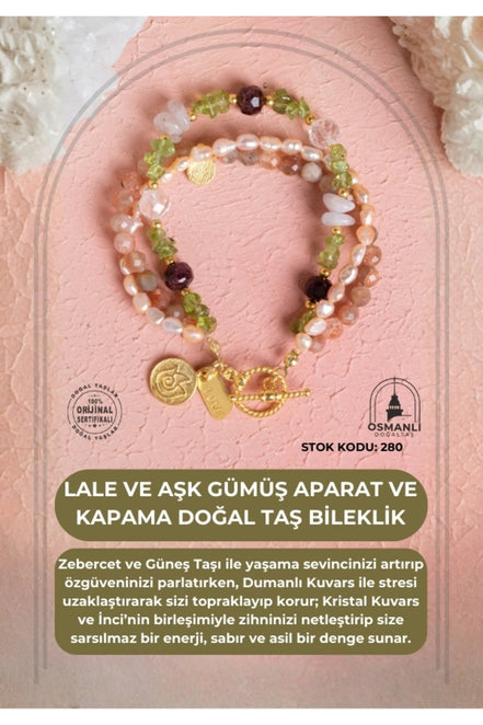 Lale ve Aşk Charmlı Gümüş Aparat ve Kapama Doğal Taş Bileklik (SK:280)