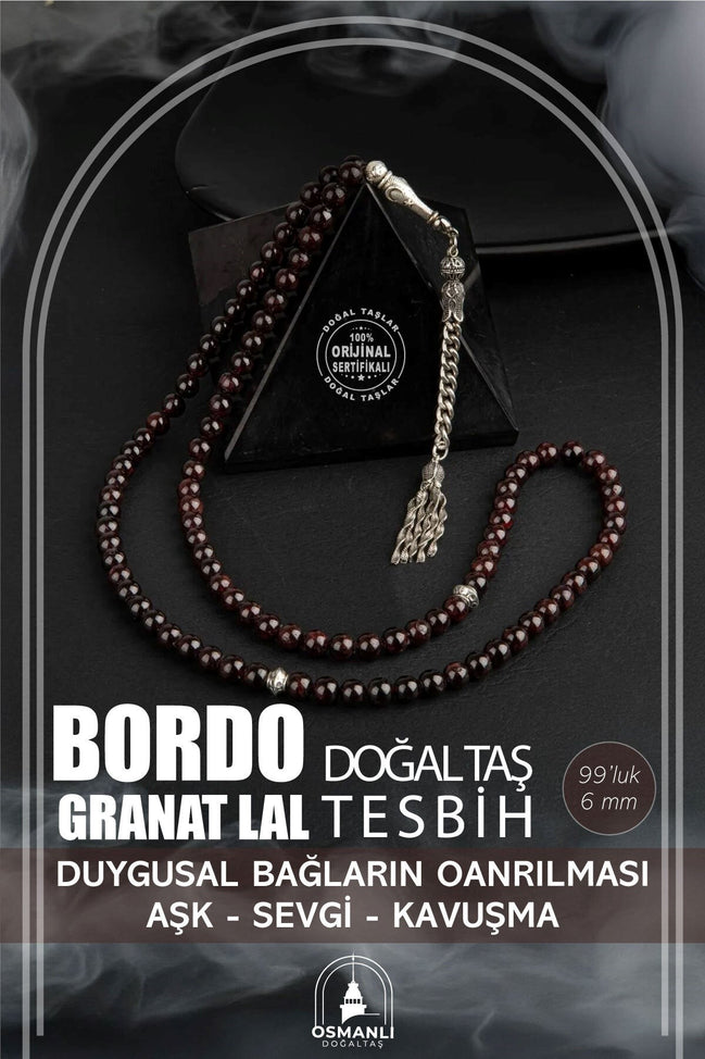 Bordo Granat Lal Doğal Taş Tesbih 99luk - 6mm
