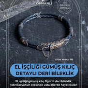 El İşçiliği Gümüş Kılıç Detaylı Deri Bileklik (SK:197)