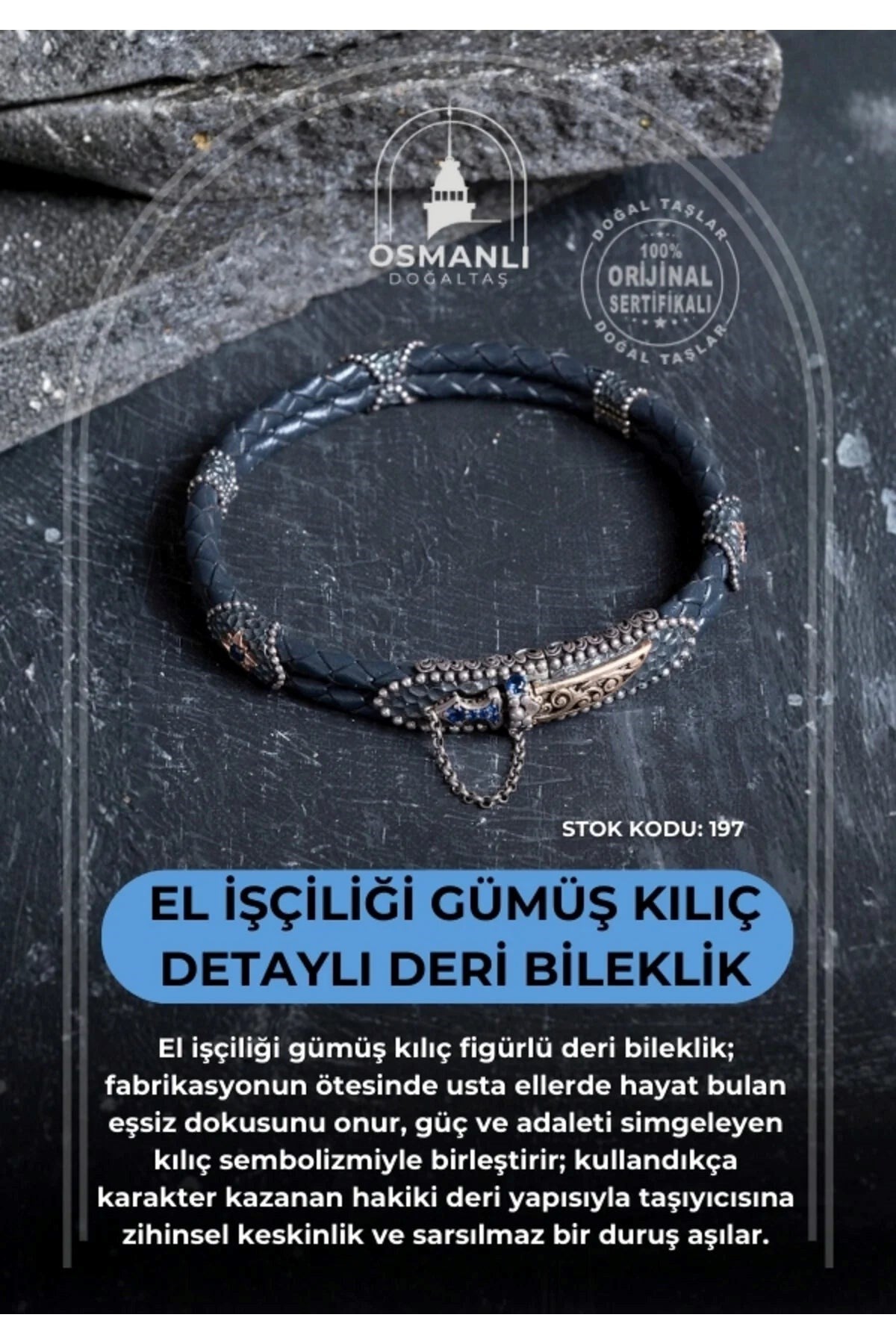 El İşçiliği Gümüş Kılıç Detaylı Deri Bileklik (SK:197)
