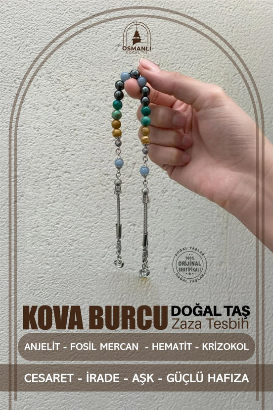 Kova Burcu Zaza Tesbih Doğal Taş Anjelit, Fosil Mercan, Hematit, Krizokol
