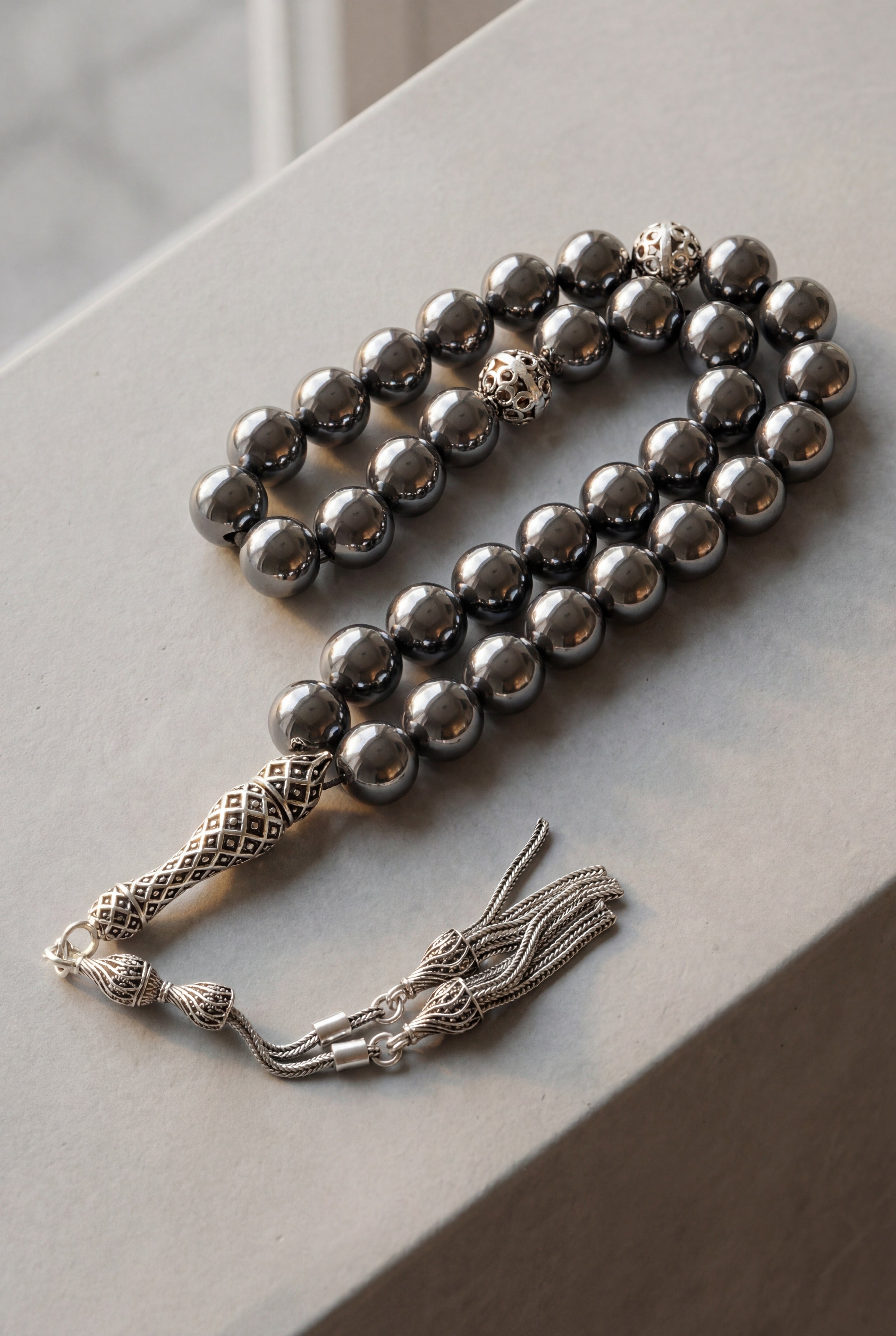 Terahertz Doğal Taş Tesbih – 925 Ayar Gümüş – 10 mm Küre Kesim