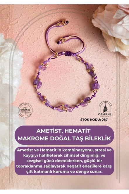 Sertifikalı Ametist, Hematit Makrome Doğal Taş Bileklik (SK:087)