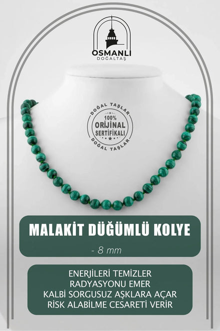 Malakit 8 mm Düğümlü Doğal Taş Kolye