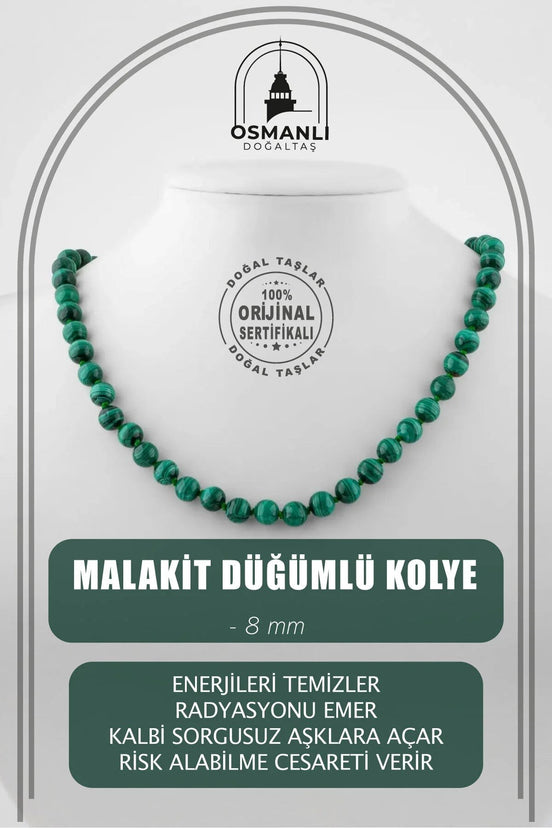 Malakit 8 mm Düğümlü Doğal Taş Kolye