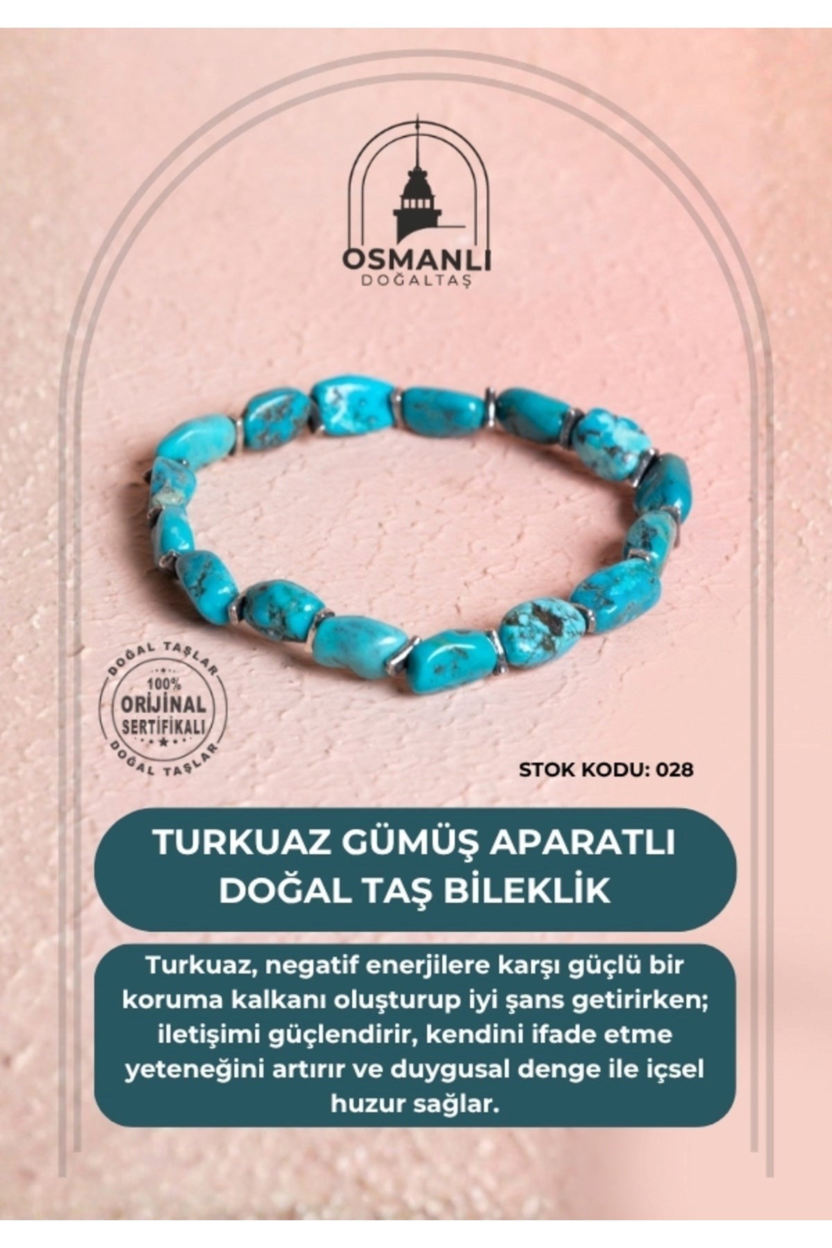 Sertifikalı Fieruze(Turkuaz) Gümüş Aparatlı Doğal Taş Bileklik (SK:028)