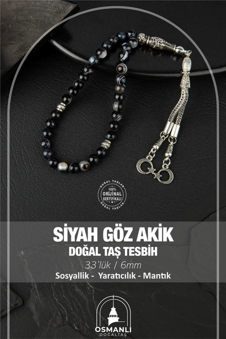 Siyah Göz Akik Doğal Taş Tesbih 33lük - 6mm