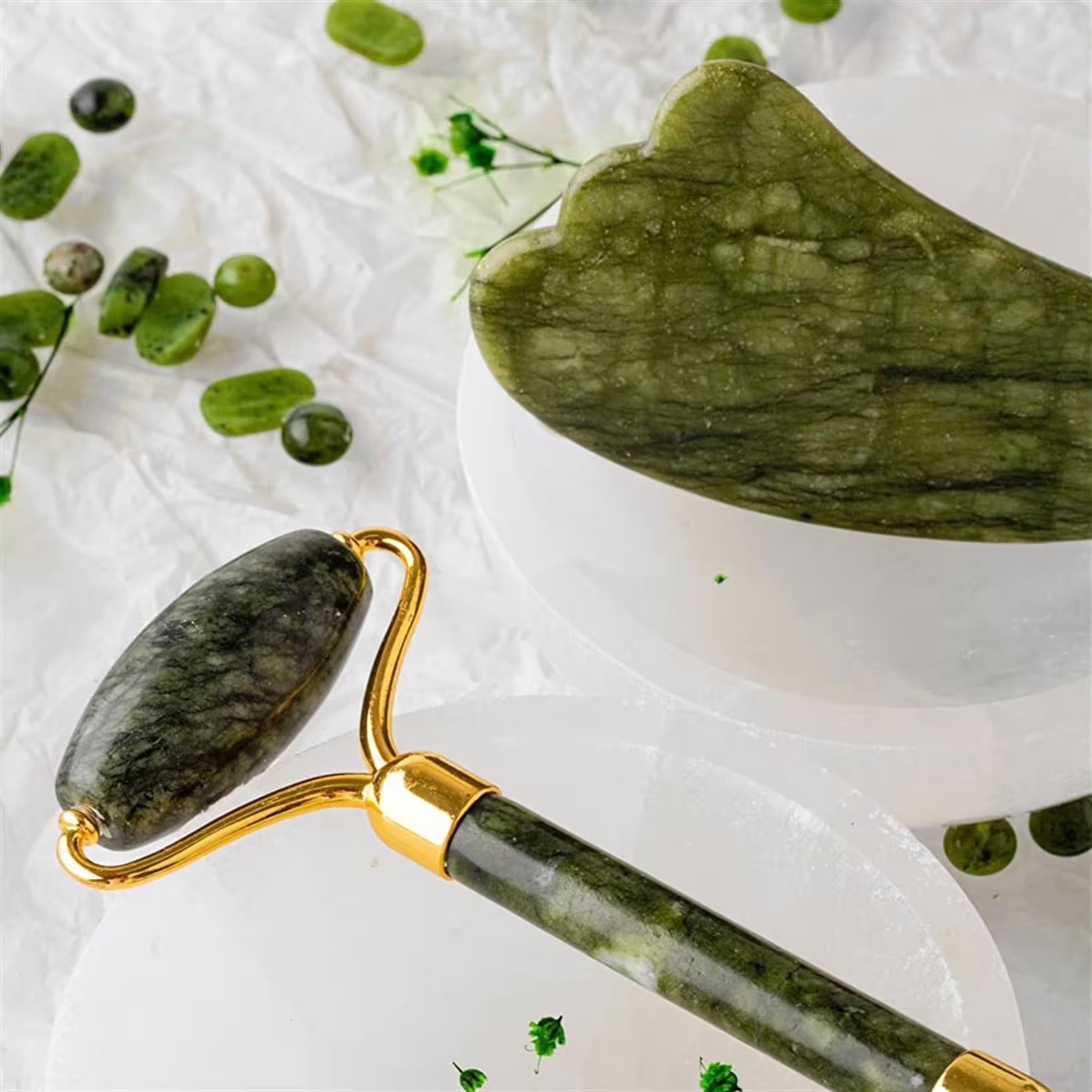 Yeşim Taşı Masaj Takımı - Roller ve Gua Sha Kaz Ayaklı Set