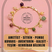 Ametist-Sitrin-Pembe Kuvars-Aventurin-Kalsit-Yeşim-Kehribar Doğal Taş Sarı Gümüş Bileklik