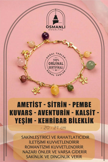 Ametist-Sitrin-Pembe Kuvars-Aventurin-Kalsit-Yeşim-Kehribar Doğal Taş Sarı Gümüş Bileklik