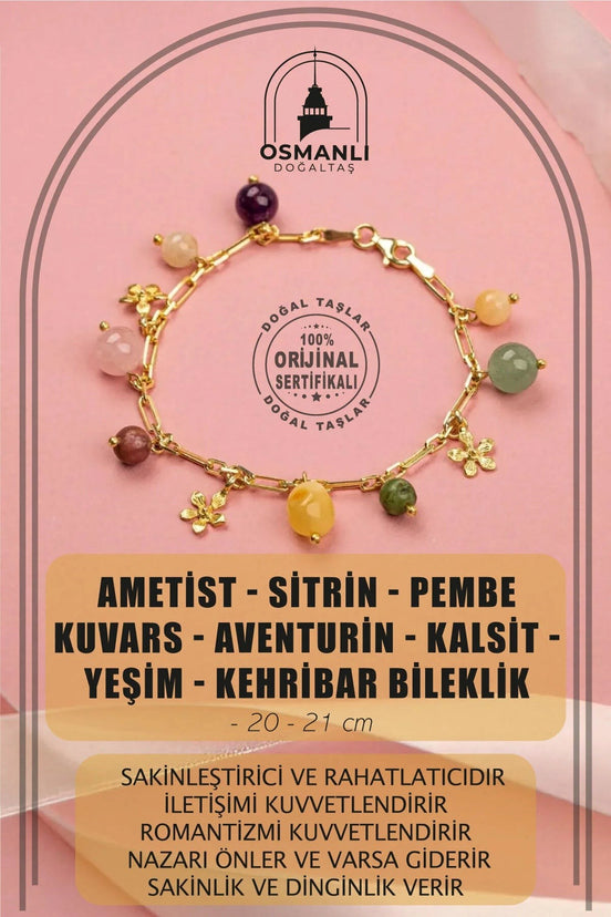 Ametist-Sitrin-Pembe Kuvars-Aventurin-Kalsit-Yeşim-Kehribar Doğal Taş Sarı Gümüş Bileklik