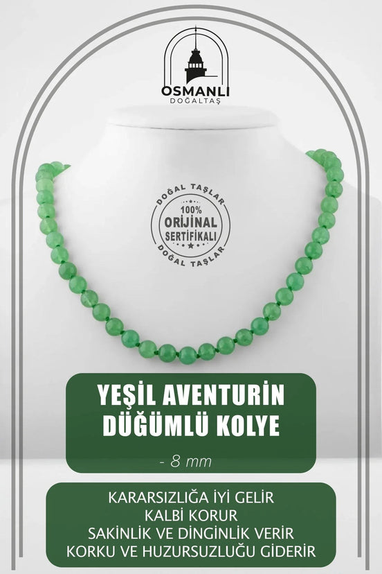 Yeşil Aventurin 8 mm Düğümlü Doğal Taş Kolye
