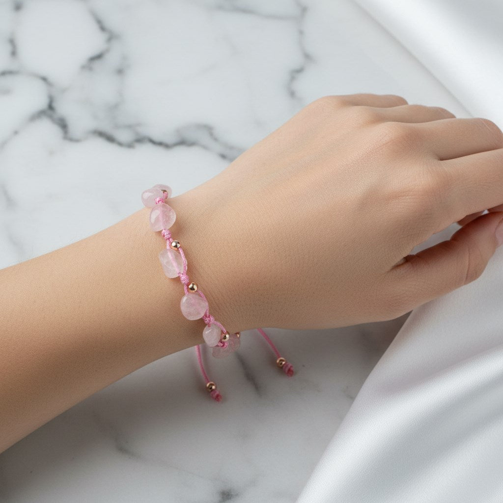Pembe Kuvars (Gül Kuvars) Natürel Kesim Doğal Taş Makrome Bileklik – Unisex El İşçiliği