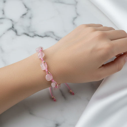 Pembe Kuvars (Gül Kuvars) Natürel Kesim Doğal Taş Makrome Bileklik – Unisex El İşçiliği