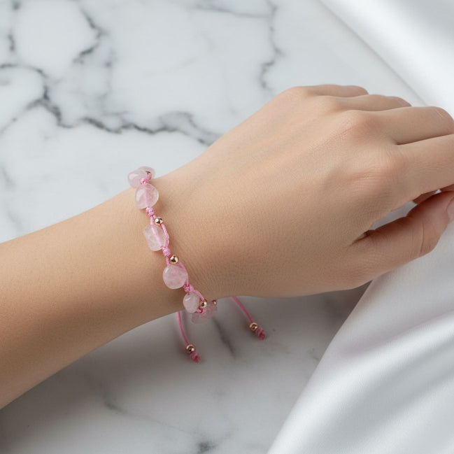 Pembe Kuvars (Gül Kuvars) Natürel Kesim Doğal Taş Makrome Bileklik – Unisex El İşçiliği