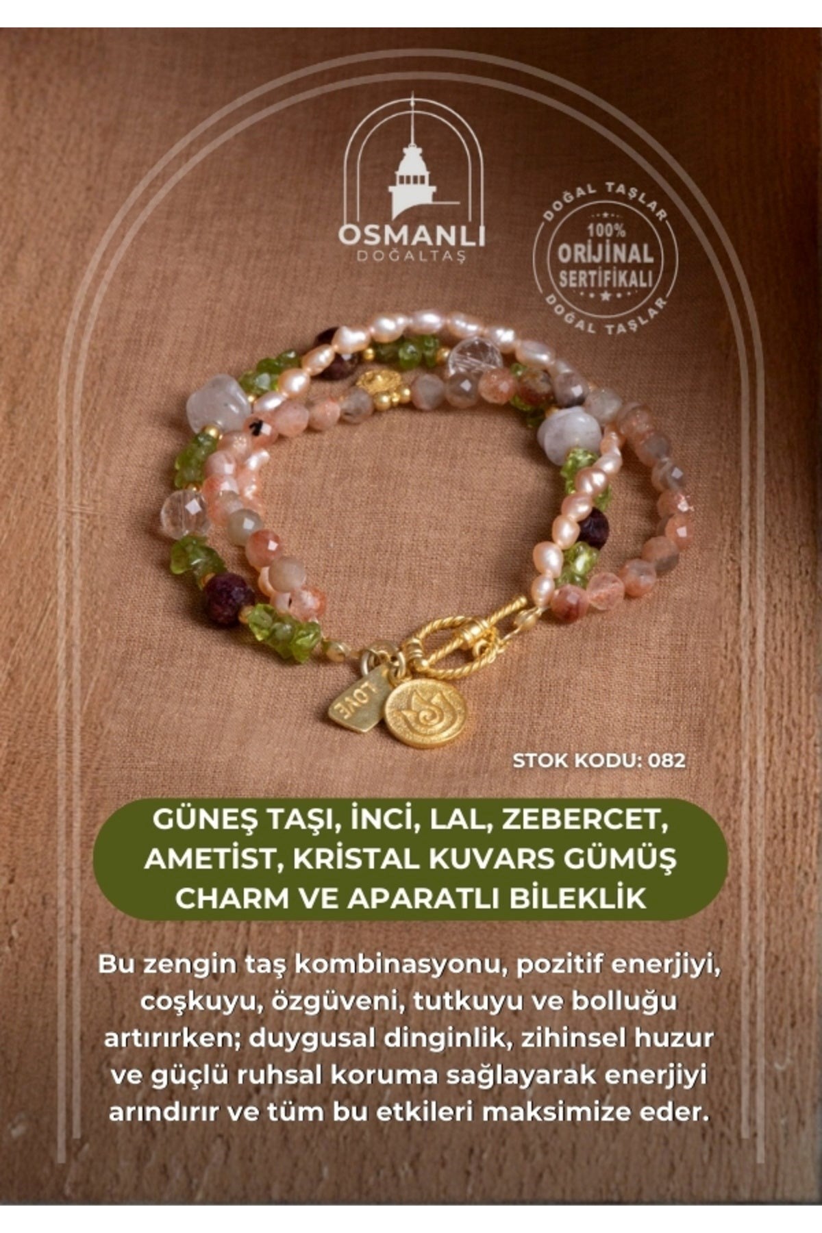 Güneş Taşı, İnci, Lal, Zebercet, Ametist, Kristal Kuvars Gümüş Charm ve Aparatlı Bileklik (SK:082)
