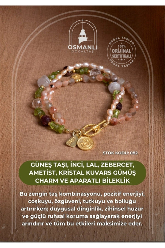 Güneş Taşı, İnci, Lal, Zebercet, Ametist, Kristal Kuvars Gümüş Charm ve Aparatlı Bileklik (SK:082)