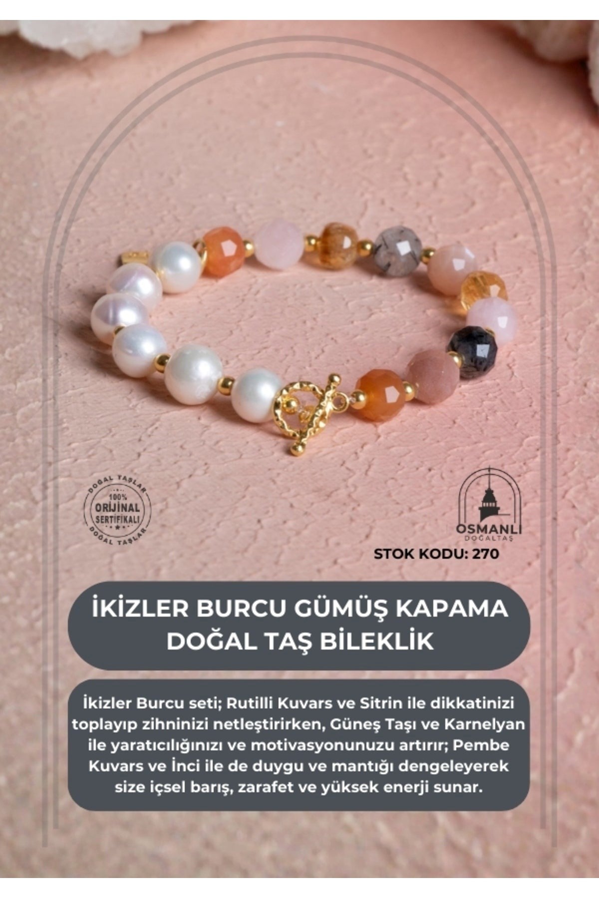 İkizler Burcu Gümüş Kapama Doğal Taş Bileklik (SK:270)
