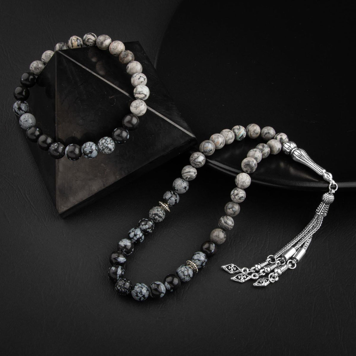 Gri Jasper-Karlı Obsidyen Doğal Taş Tesbih Bileklik Seti
