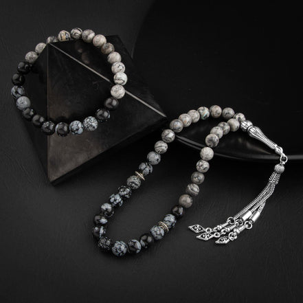 Gri Jasper-Karlı Obsidyen Doğal Taş Tesbih Bileklik Seti