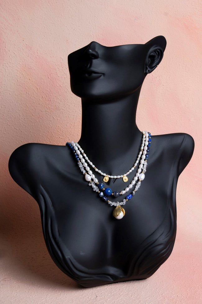 Sertifikalı İnci, Lapis Lazuli, Hematit Gümüş Aparatlı Doğal Taş Kolye (SK:018)