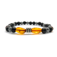 Kehribar, Şungit (Shungite) ve Hematit Doğal Taş Bileklik – 6 mm Misinalı, Unisex Tasarım