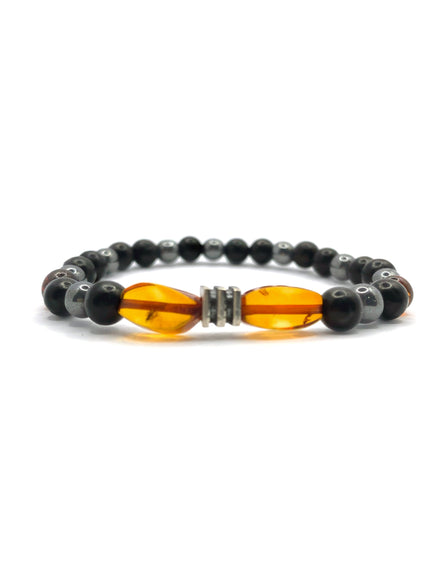 Kehribar, Şungit (Shungite) ve Hematit Doğal Taş Bileklik – 6 mm Misinalı, Unisex Tasarım