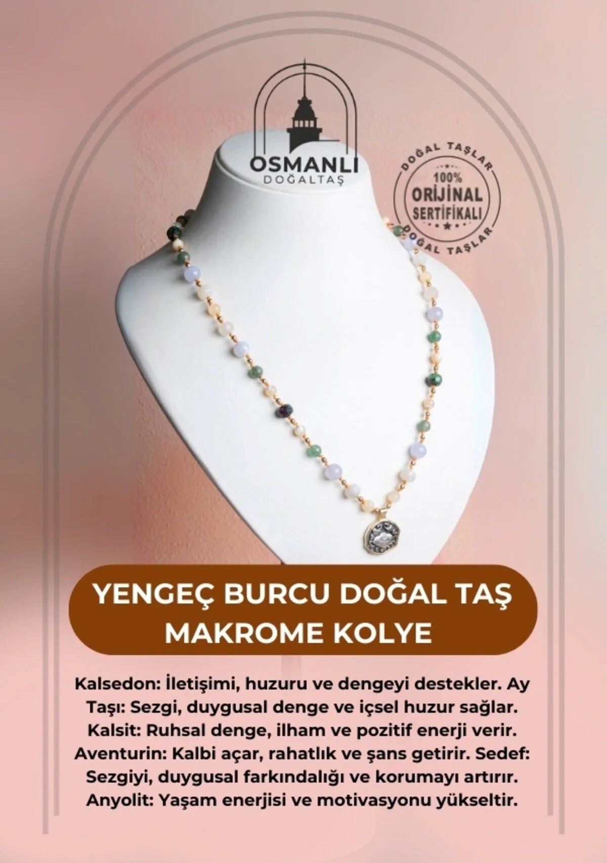Yengeç Burcu Doğal Taş Makrome Kolye