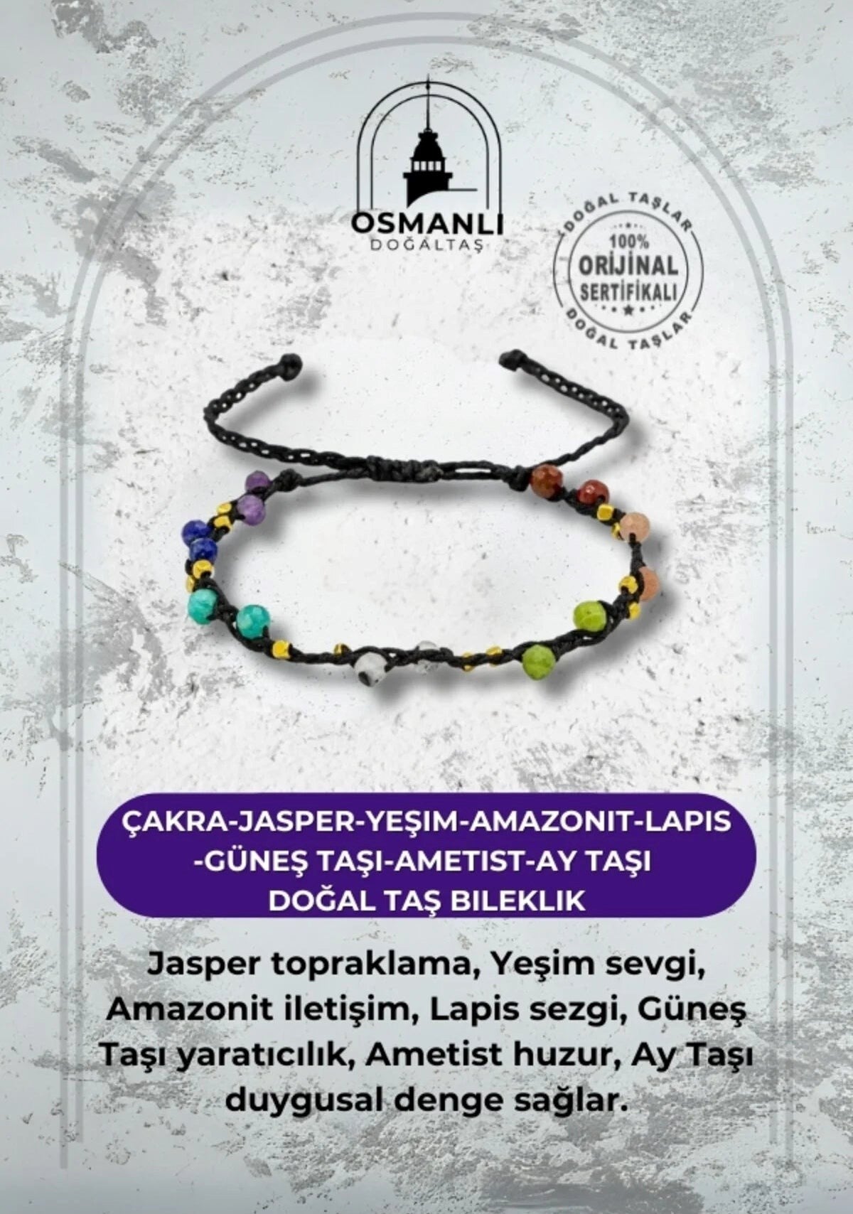 Çakra-Jasper-Yeşim-Amazonit-Lapis-Güneş Taşı-Ametist-Ay Taşı Doğal Taş Bileklik
