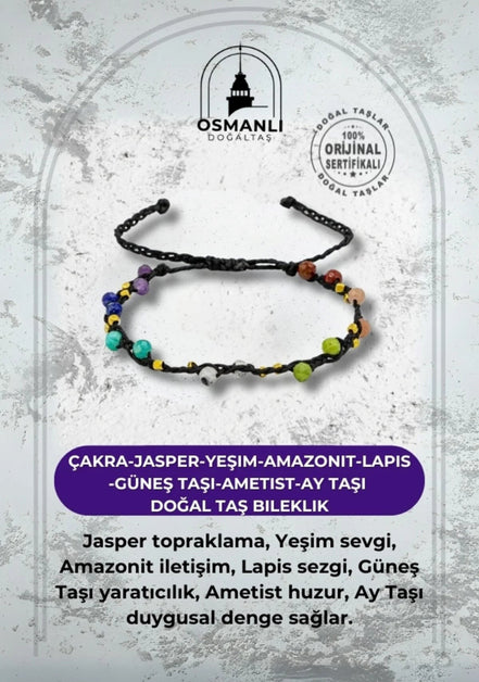 Çakra-Jasper-Yeşim-Amazonit-Lapis-Güneş Taşı-Ametist-Ay Taşı Doğal Taş Bileklik