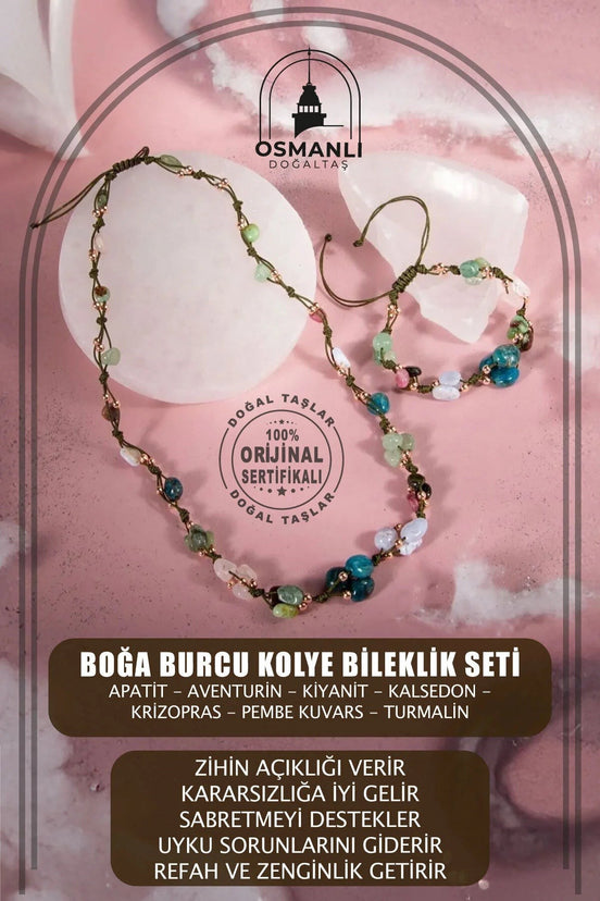 Boğa Burcu Doğal Taş Natürel Makrome Kolye Bileklik Seti Apatit Aventurin Kiyanit Kalsedon Krizopras Pembe Kuvars Turmalin