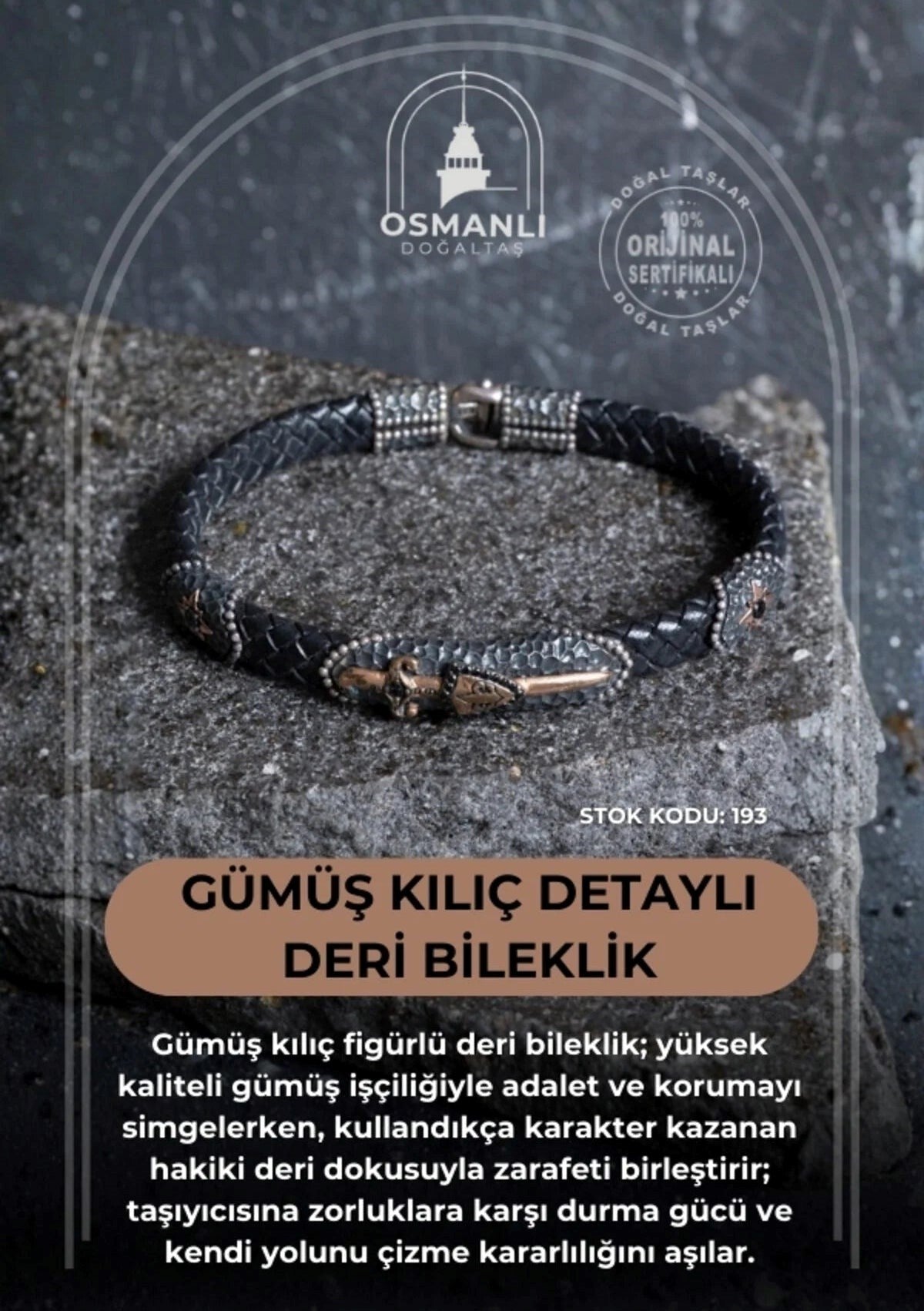 Gümüş Kılıç Detaylı Deri Bileklik (SK:193)
