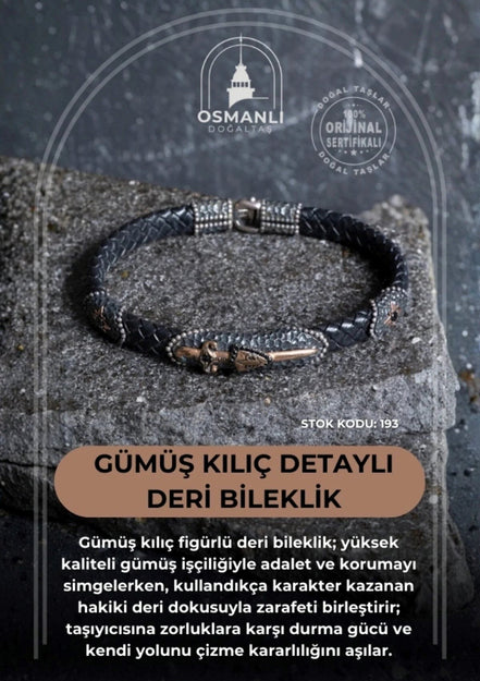 Gümüş Kılıç Detaylı Deri Bileklik (SK:193)