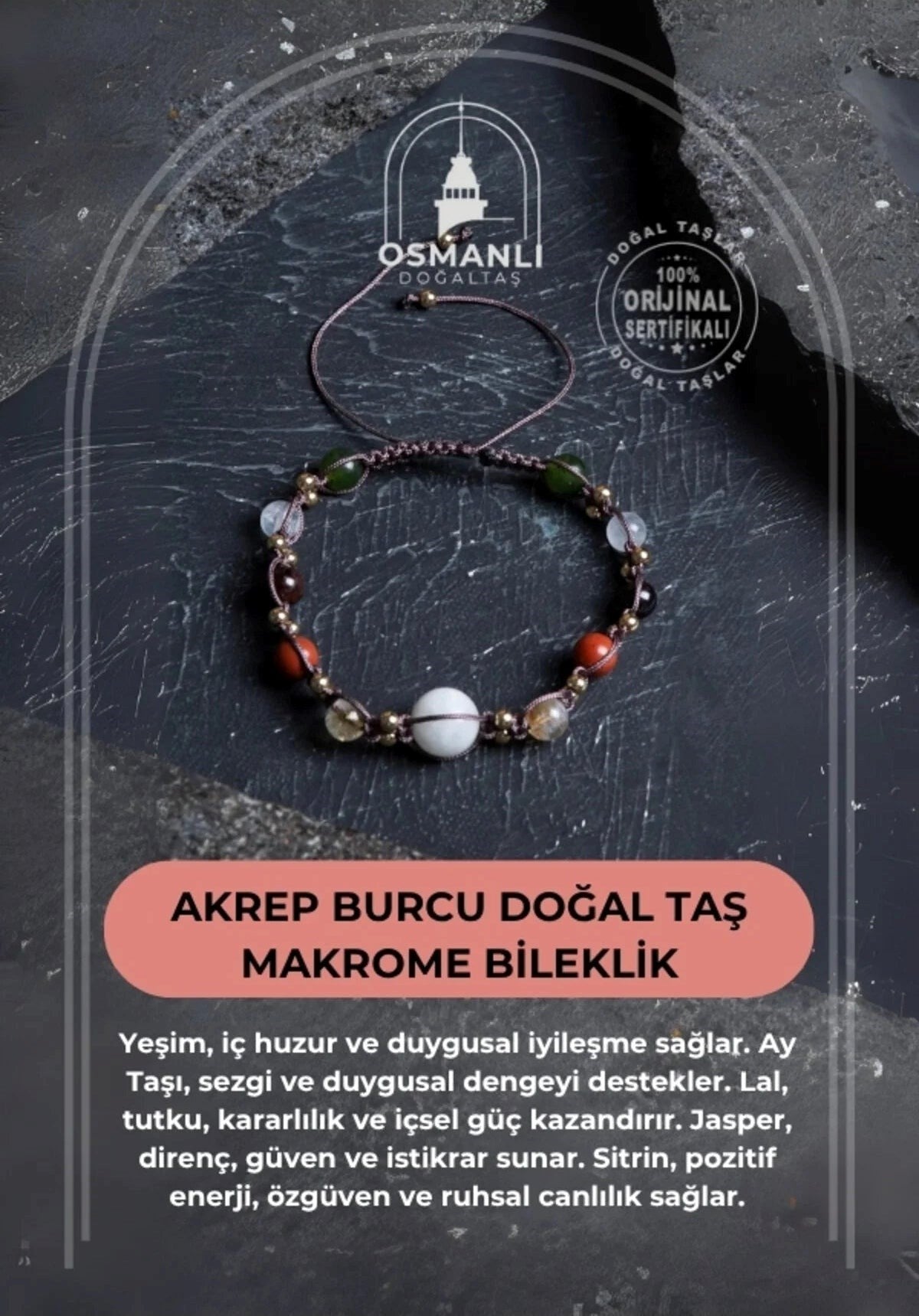 Doğal Taş Makrome Bileklik-Akrep Burcu
