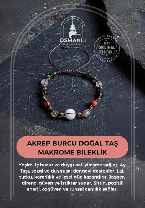 Doğal Taş Makrome Bileklik-Akrep Burcu