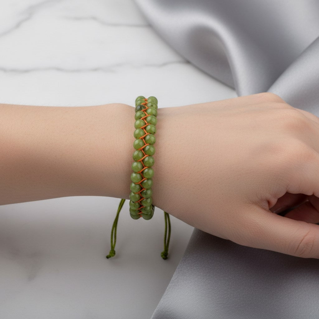 Yeşim 4 mm Çift Sıra Doğal Taş Makrome Bileklik – Unisex El İşçiliği