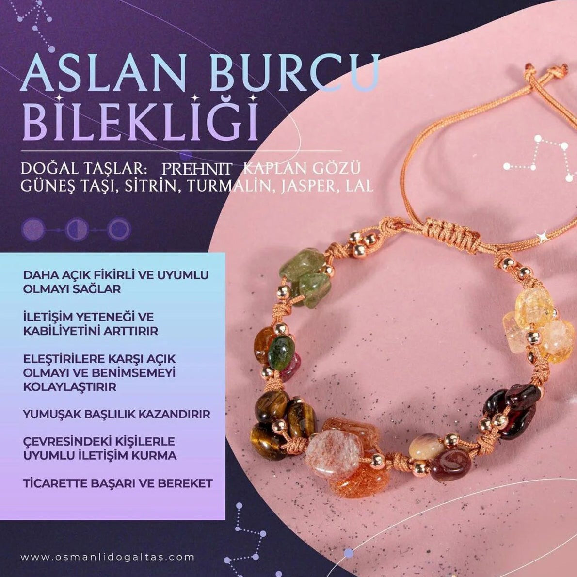 Aslan Burcu Bileklik Bordo Granat Lal, Güneş Taşı, Jasper, Kaplan Gözü, Kehribar, Renkli Turmalin, Sitrin