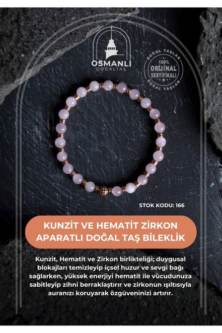 Sertifikalı Kunzit, Hematit Zirkon Aparatlı Doğal Taş Bileklik (SK:166)