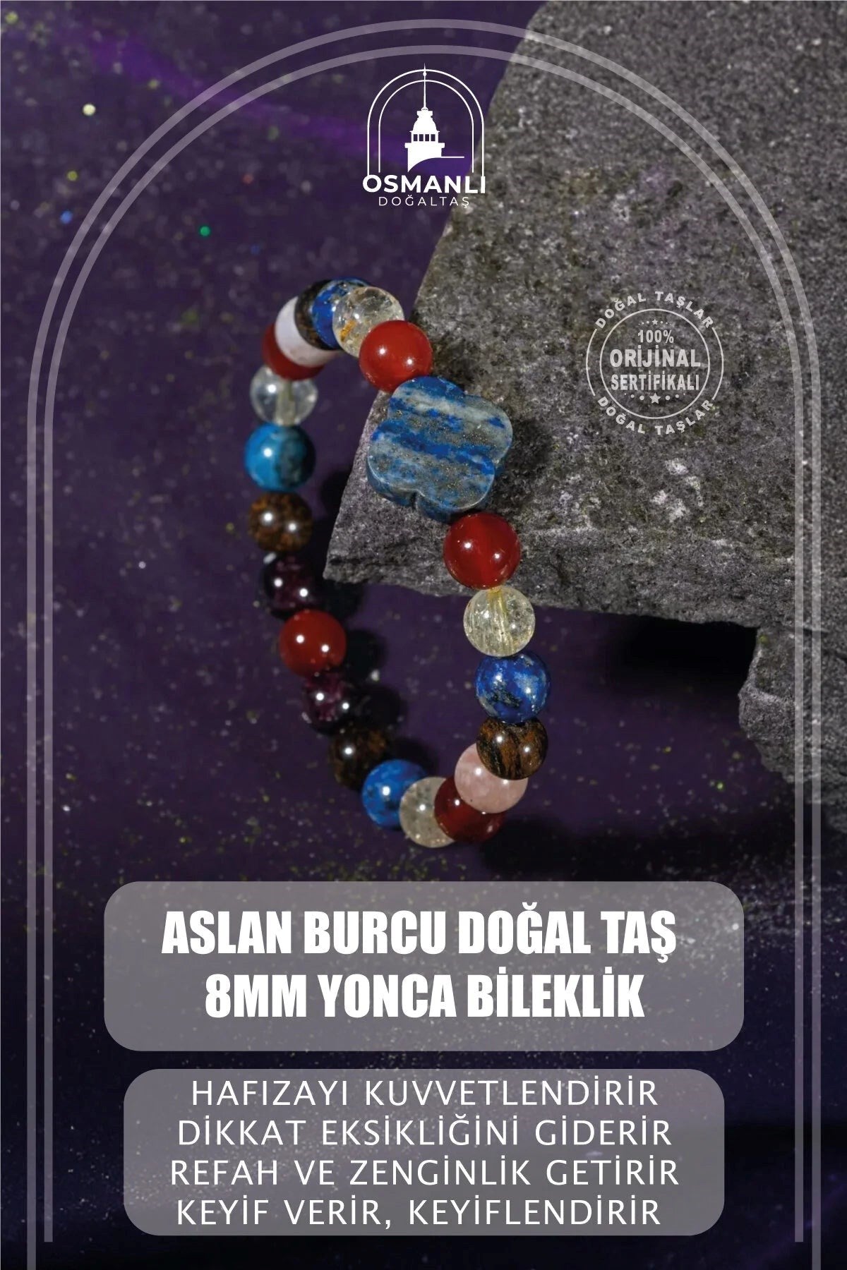Aslan Burcu Bileklik Bordo Granat Lal, Bronzit, Güneş Taşı, Kırmızı Akik, Lapis Lazuli, Sitrin