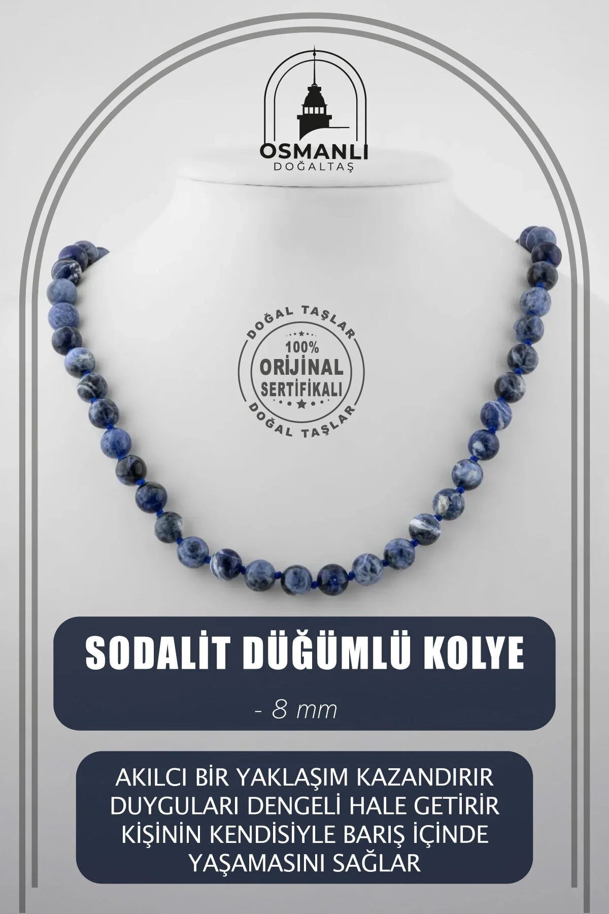Sodalit 8 mm Düğümlü Doğal Taş Kolye