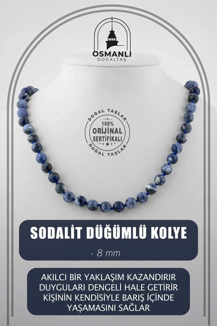 Sodalit 8 mm Düğümlü Doğal Taş Kolye