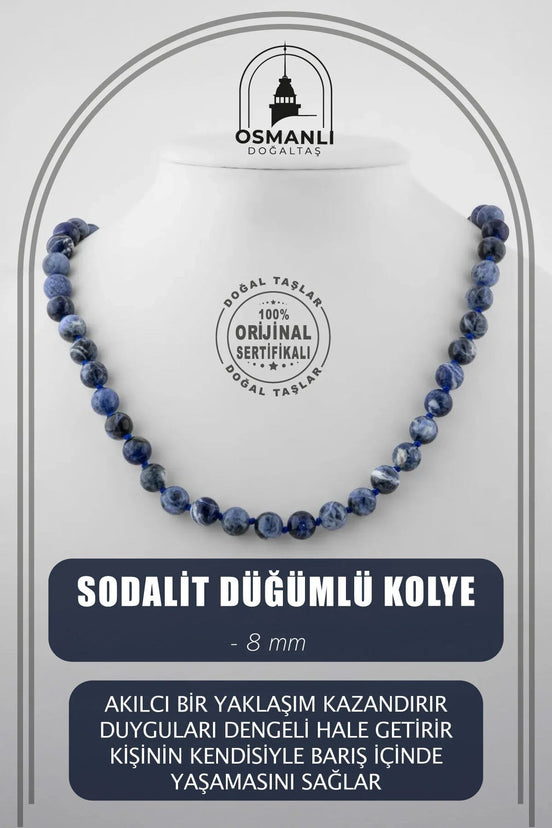 Sodalit 8 mm Düğümlü Doğal Taş Kolye