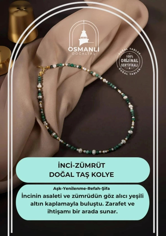 İnci-Zümrüt Doğal Taş Altın Kaplama Kapama Kolye