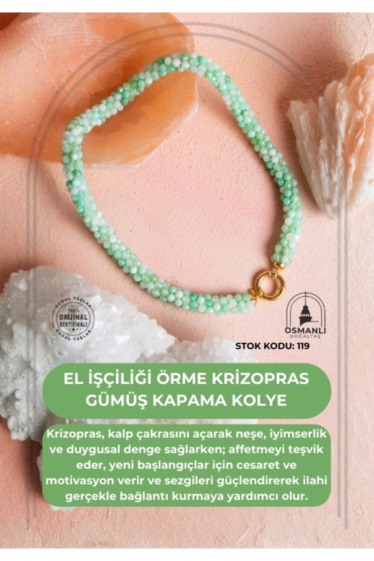 El İşçiliği Örme Krizopras Gümüş  Kapama Kolye (SK:119)