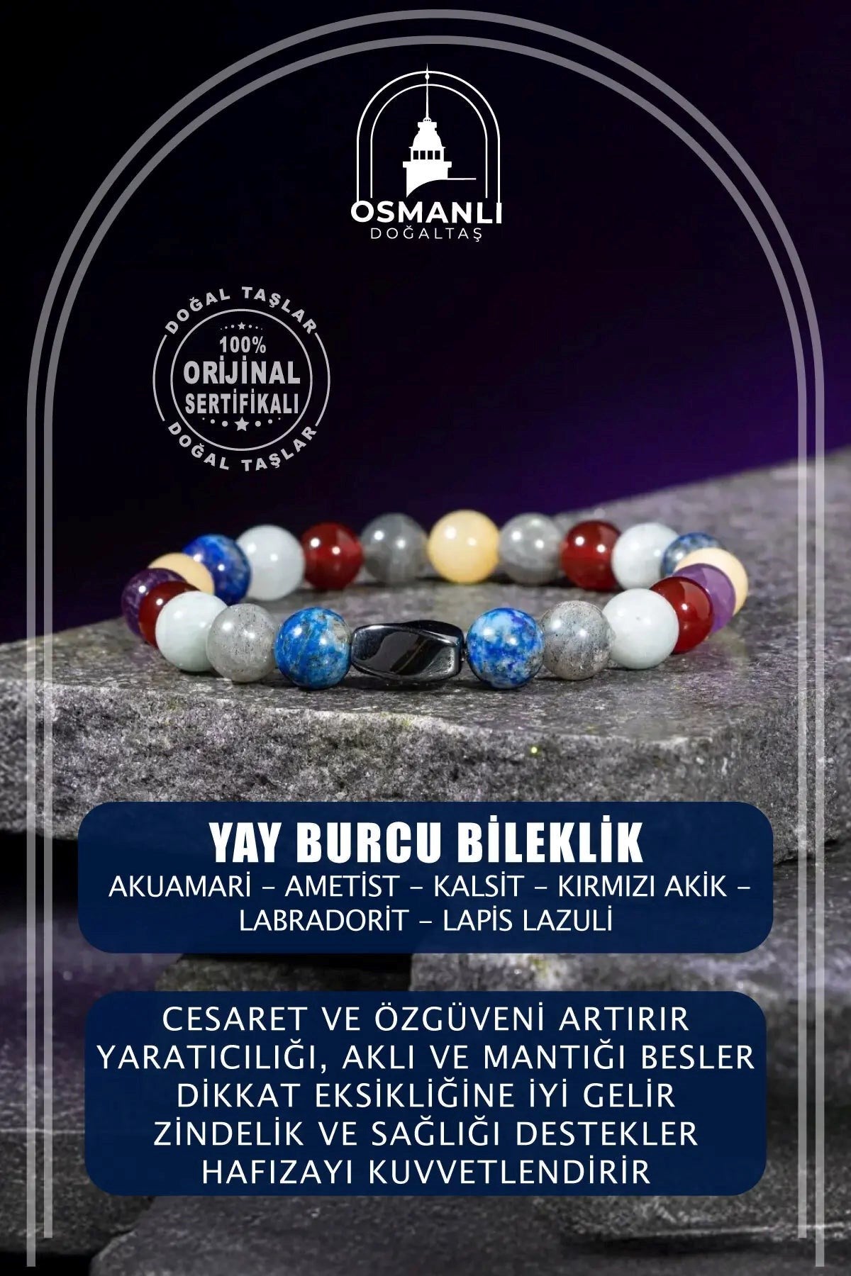 Yay Burcu Bileklik Akuamarin, Ametist, Kalsit, Kırmızı Akik, Labradorit, Lapis Lazuli