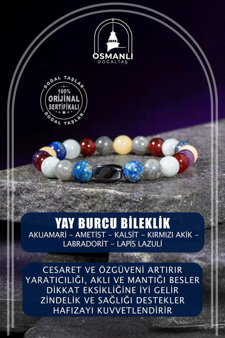 Yay Burcu Bileklik Akuamarin, Ametist, Kalsit, Kırmızı Akik, Labradorit, Lapis Lazuli