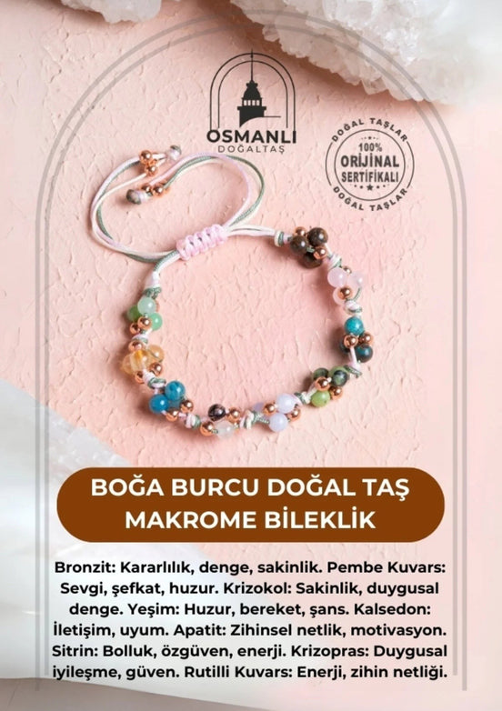 Doğal Taş Makrome Bileklik / Boğa Burcu