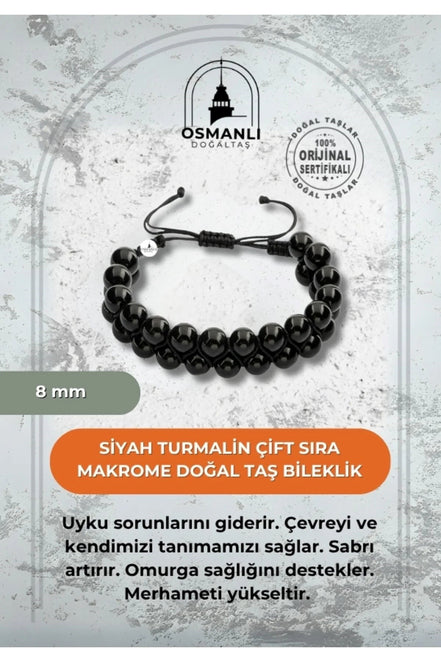 Siyah Turmalin 8mm Çift Sıra Makrome Doğal Taş Bileklik